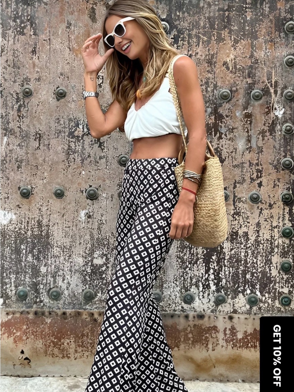 Commense Black & White Geometric Wide-Leg Pants
